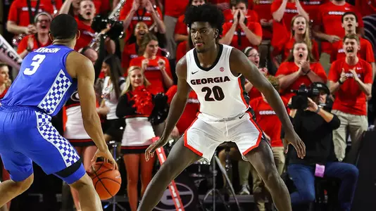 Georgia forward Rayshaun Hammonds (20) on defense during a men's basketball game between the University of Georgia and the University of Kentucky in Athens, Ga., on Tuesday, Jan. 15, 2019. (Photo by Kristin M. Bradshaw)