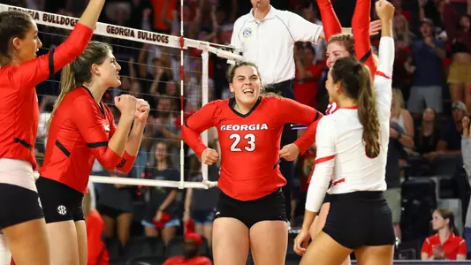 Georgia outside hitter Kacie Evans (23) after winning a match against Georgia Tech in Stegeman Coliseum in Athens, Ga., on Friday, Sept. 20, 2019. (Photo by Tony Walsh)