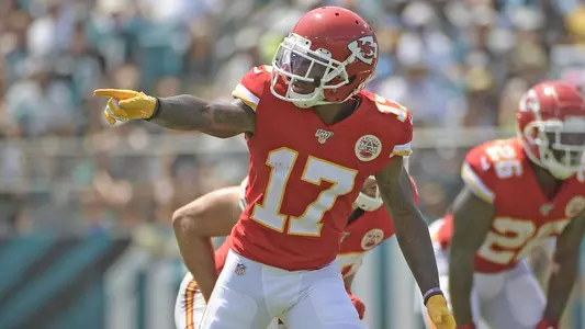 Kansas City Chiefs wide receiver Mecole Hardman (17) checks with an official at the line of scrimmage during the first half of an NFL football game against the Jacksonville Jaguars, Sunday, Sept. 8, 2019, in Jacksonville, Fla. (AP Photo/Phelan M. Ebenhack)
