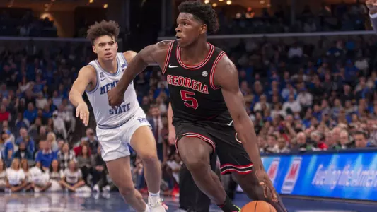 Georgia Bulldogs guard Anthony Edwards (5) goes to the basket against Memphis Tigers guard Lester Quinones (11) during the first half at FedExForum. Mandatory Credit: Justin Ford-USA TODAY Sports