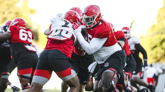 Georgia offensive lineman Trey Hill (55) during the Bulldogs’ practice session in Athens, Ga., on Wednesday, Nov. 18, 2020. (Photo by Tony Walsh)