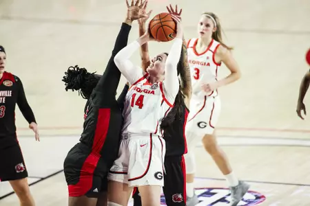 Georgia center Jenna Staiti (14) during the Bulldogs’ game against Jacksonville State at Stegeman Coliseum in Athens, Ga., on Wednesday, Dec. 9, 2020. (Photo by Tony Walsh)