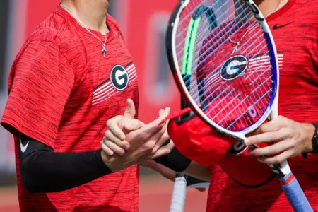 During a match against Mercer at the Dan Magill Tennis Complex in Athens, Ga., on Tues., Feb. 25, 2020. (Photo by Chamberlain Smith)
