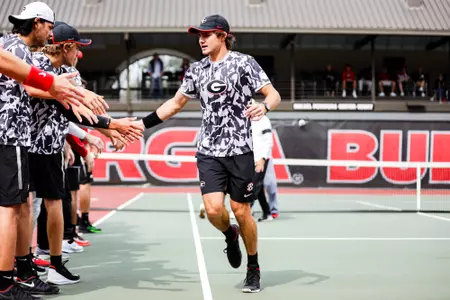 Georgia tennis player Trent Bryde during a match against Ohio State on Mikael Pernfors Center Court at Henry Field Tennis Stadium at the Dan Magill Tennis Complex on Sunday, March 1, 2020. (Photo by Tony Walsh)