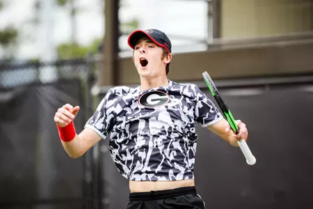 Georgia tennis player Tyler Zink during a match against Ohio State on Mikael Pernfors Center Court at Henry Field Tennis Stadium at the Dan Magill Tennis Complex on Sunday, March 1, 2020. (Photo by Tony Walsh)