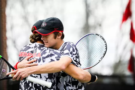 Georgia tennis player Tyler Zink during a match against Ohio State on Mikael Pernfors Center Court at Henry Field Tennis Stadium at the Dan Magill Tennis Complex on Sunday, March 1, 2020. (Photo by Tony Walsh)