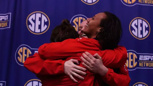 Georgia swimmers celebrate following a silver medal performance at the 2020 SEC Championships.