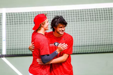 Georgia tennis player Philip Henning, Georgia tennis player Blake Croyder during a match against Mississippi State on Mikael Pernfors Center Court at Henry Feild Tennis Stadium at the Dan Magill Tennis Complex on Sunday, March 8, 2020. (Photo by Tony Walsh)