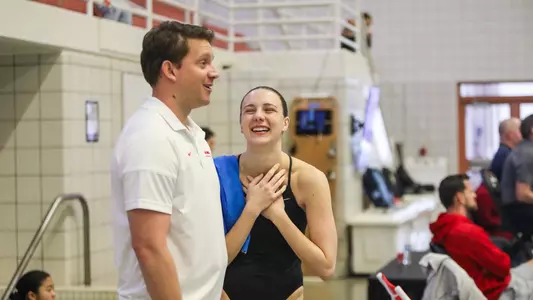 Georgia diving head coach Chris Colwill, Georgia diver McKensi Austin during the NCAA Zone B Diving Championship at the Gabrielsen Natatorium in Athens, Ga., on Mon., Mar. 9, 2020. (Photo by Chamberlain Smith)