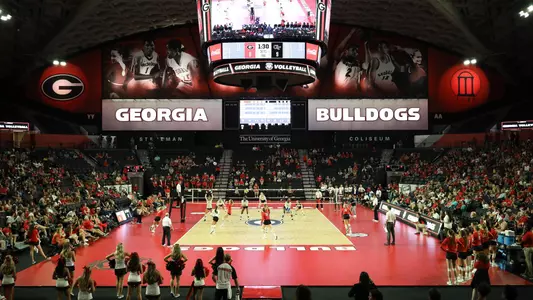 The Georgia volleyball during a match against Georgia Tech in Stegeman Coliseum in Athens, Ga., on Friday, Sept. 20, 2019. (Photo by Tony Walsh)