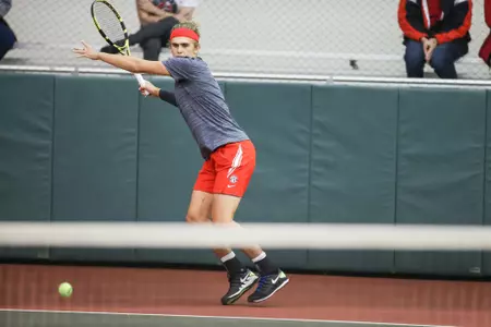 Georgia tennis player Philip Henning during a match against Mercer at the Lindsey Hopkins Indoor Center on Jan. 22, 2021, in Athens, Georgia. (Photo by Chamberlain Smith)