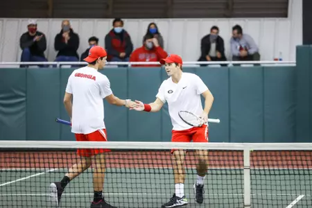 Georgia tennis player Billy Rowe during a match against NC State at the Lindsey Hopkins Indoor Center on Jan. 31, 2021, in Athens, Georgia. (Photo by Chamberlain Smith)