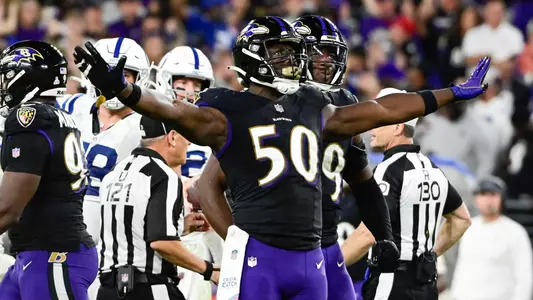 Oct 11, 2021; Baltimore, Maryland, USA; Baltimore Ravens outside linebacker Justin Houston (50) celebrates during the second half at M&T Bank Stadium. Mandatory Credit: Tommy Gilligan-USA TODAY Sports