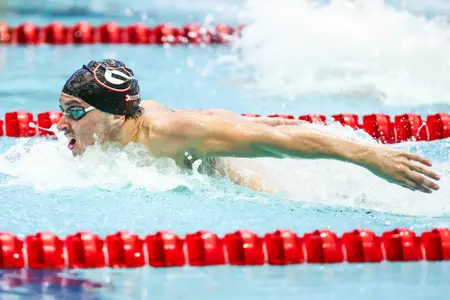Georgia swimmer Luca Urlando competes during a meet against UNC at the Gabrielsen Natatorium in Athens, Ga., on Friday, Oct. 22, 2021. (Photo by Tony Walsh)