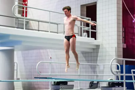 Georgia diver Nolan Lewis competes during a meet against UNC at the Gabrielsen Natatorium in Athens, Ga., on Friday, Oct. 22, 2021. (Photo by Tony Walsh)
