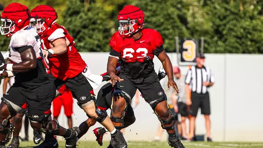 Georgia offensive lineman Sedrick Van Pran (63) during the Bulldogs’ practice session in Athens, Ga., on Wednesday, Sept. 29, 2021. (Photo by Tony Walsh)