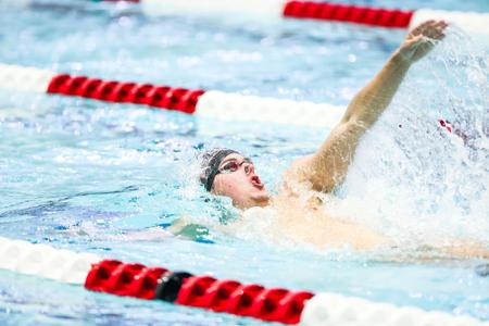 Georgia swimmer Ian Grum competes during a meet against UNC at the Gabrielsen Natatorium in Athens, Ga., on Friday, Oct. 22, 2021. (Photo by Tony Walsh)