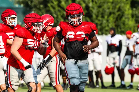 Georgia offensive lineman Sedrick Van Pran (63) during the Bulldogs’ practice session in Athens, Ga., on Tuesday, Sept. 14, 2021. (Photo by Tony Walsh)