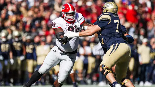 Georgia defensive lineman Jordan Davis (99) during the Bulldogs’ game against Georgia Tech at Bobby Dodd Stadium at Historic Grant Field in Atlanta, Ga., on Saturday, Nov. 27, 2021. (Photo by Tony Walsh)