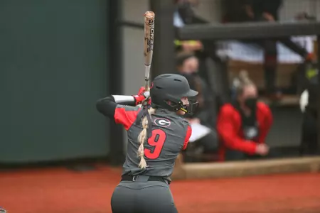 Georgia outfielder Syndey Chambley (9) during a game against Virginia at the Red & Black Showcase at Turner Softball Complex in Athens, Ga., on Sat., Feb. 13, 2021. (Photo by Chamberlain Smith)