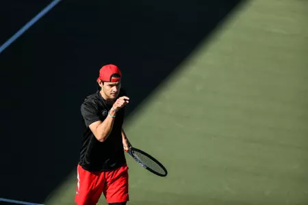Georgia tennis player Blake Croyder during a match against Georgia Southern at the Dan Magill Tennis Complex in Athens, Ga., on Feb. 17, 2021. (Photo by Chamberlain Smith)