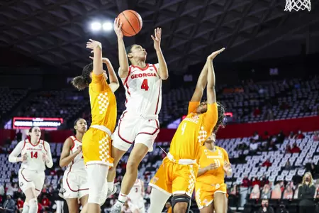 Georgia guard Mikayla Coombs (4) during a game against Tennessee at Stegeman Coliseum in Athens, Ga., on Sunday, Feb. 21, 2021. (Photo by Tony Walsh)