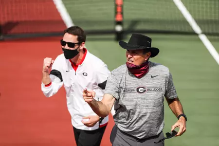 Georgia head coach Manuel Diaz during a match against Mississippi State at the Dan Magill Tennis Complex in Athens, Ga., on Sunday, Feb. 28, 2021. (Photo by Chamberlain Smith)