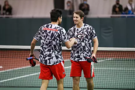 Georgia tennis player Billy Rowe during a match against Georgia at the Lindsey Hopkins Indoor Center on Feb. 5, 2021, in Athens, Georgia. (Photo by Chamberlain Smith)