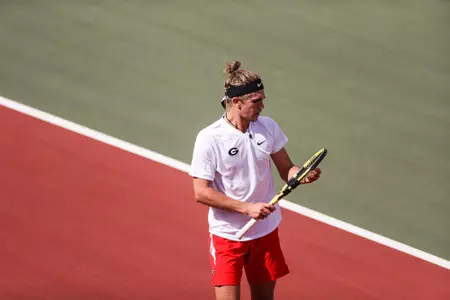 Georgia tennis player Philip Henning during a match against Mississippi State at the Dan Magill Tennis Complex in Athens, Ga., on Sunday, Feb. 28, 2021. (Photo by Chamberlain Smith)