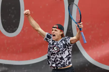 Georgia tennis player Erik Grevelius during a match against Wake Forest at the Dan Magill Tennis Complex in Athens, Ga., on Friday, March 19, 2021. (Photo by Julian Alexander)