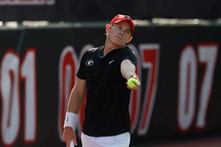 Georgia tennis player Billy Rowe during a match against Kentucky at the Dan Magill Tennis Complex in Athens, Ga., on Friday, March 26, 2021. (Photo by Julian Alexander)
