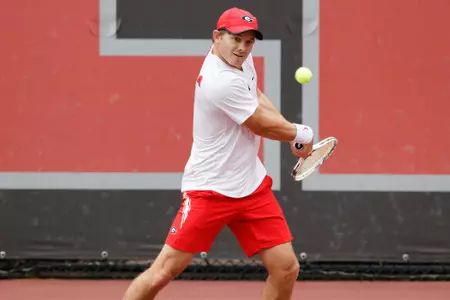 Georgia tennis player Billy Rowe during a match against Vanderbilt at the Dan Magill Tennis Complex in Athens, Ga., on Sunday, March 28, 2021. (Photo by Julian Alexander)