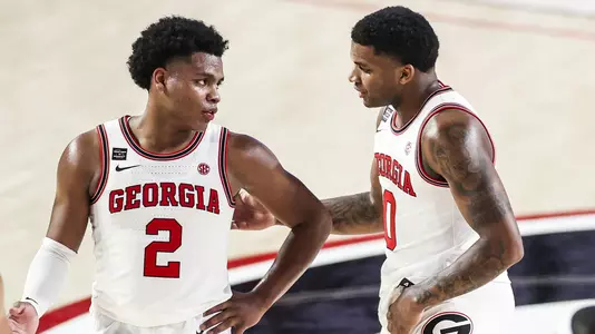 Georgia basketball player Sahvir Wheeler (2), Georgia basketball player K.D. Johnson (0) during a game against Auburn at Stegeman Coliseum in Athens, Ga., on Wednesday, January 13, 2020. (Photo by Tony Walsh)