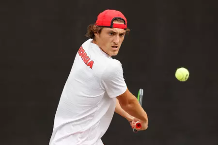 Georgia tennis player Baptiste Anselmo during a match against Vanderbilt at the Dan Magill Tennis Complex in Athens, Ga., on Sunday, March 28, 2021. (Photo by Julian Alexander)