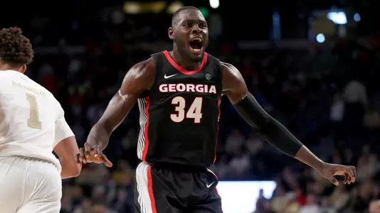 Dec 22, 2018; Atlanta, GA, USA; Georgia Bulldogs forward Derek Ogbeide (34) celebrates a play as Georgia Tech Yellow Jackets forward James Banks III (1) is shown on the play in the second half  at McCamish Pavilion. Mandatory Credit: Jason Getz-USA TODAY Sports