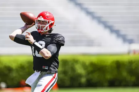 Georgia quarterback JT Daniels (18) during the Bulldogs’ practice session on Dooley Field at Sanford Stadium in Athens, Ga., on Saturday, April 3, 2021. (Photo by Tony Walsh)