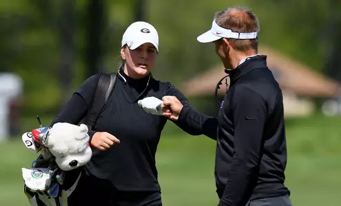 Georgia's Candice Mahé and coach Josh Brewer in the first round of the NCAA Columbus Regional (photo by Tim Cowie).