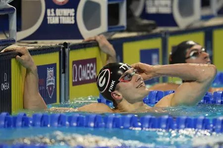 Nic Fink reacts after winning the men's 200 breaststroke during wave 2 of the U.S. Olympic Swim Trials on Thursday, June 17, 2021, in Omaha, Neb. (AP Photo/Jeff Roberson)