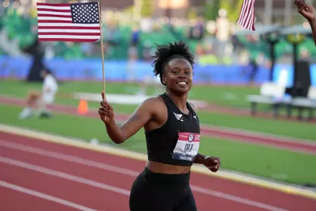 Jun 20, 2021; Eugene, OR, USA; Keturah Orji takes a victory lap after winning the women's triple jump in a meet-record 47-7 3/4 (14.52m) during the US Olympic Team Trials at Hayward Field. Mandatory Credit: Kirby Lee-USA TODAY Sports