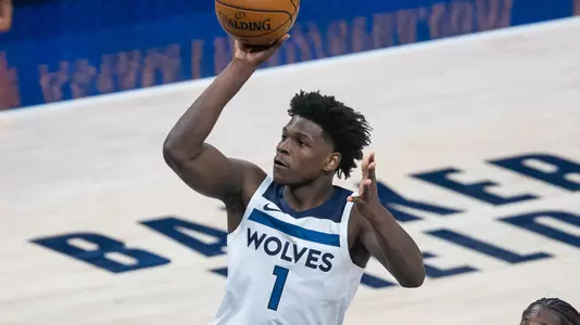 Apr 7, 2021; Indianapolis, Indiana, USA; Minnesota Timberwolves forward Anthony Edwards (1) shoots the ball while Indiana Pacers center Goga Bitadze (88) defends in the third quarter at Bankers Life Fieldhouse. Mandatory Credit: Trevor Ruszkowski-USA TODAY Sports