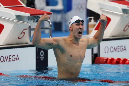 TOKYO, JAPAN - JULY 25: Chase Kalisz of Team United States celebrates after winning the Men's 400m Individual Medley Final on day two of the Tokyo 2020 Olympic Games at Tokyo Aquatics Centre on July 25, 2021 in Tokyo, Japan. (Photo by Clive Rose/Getty Images)