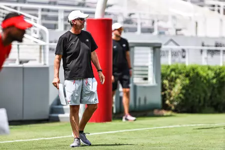 Georgia offensive coordinator and quarterbacks coach Todd Monken during the Bulldogs’ practice session on Dooley Field at Sanford Stadium in Athens, Ga., on Tuesday, Aug. 10, 2021. (Photo by Tony Walsh)