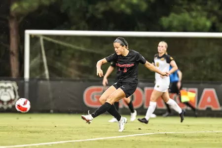 Senior midfielder Dani Murguia scores for the Georgia soccer team against Kennesaw State on Saturday, Aug. 14 at Turner Soccer Complex in Athens, Ga.