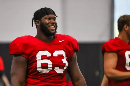 Georgia offensive lineman Sedrick Van Pran (63) during the Bulldogs’ practice session in Athens, Ga., on Thursday, Aug. 19, 2021. (Photo by Mackenzie Miles)