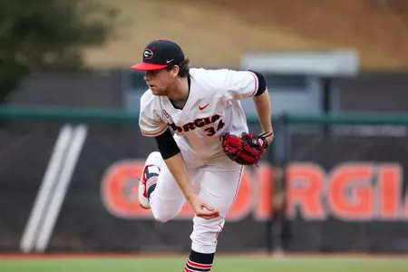 Georgia pitcher Garrett Brown (34) during a game against Kennesaw at Foley Field in Athens, Ga., on Tues., Feb. 25, 2020. (Photo by Chamberlain Smith)