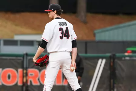 Georgia pitcher Garrett Brown (34) during a game against Kennesaw at Foley Field in Athens, Ga., on Tues., Feb. 25, 2020. (Photo by Chamberlain Smith)
