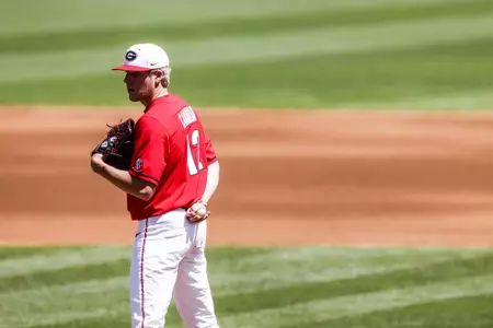 Georgia pitcher Jonathan Cannon (12) during a game against South Carolina at Foley Field in Athens, Ga., on Sunday, April 4, 2021. (Photo by Tony Walsh)