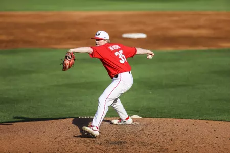 Georgia pitcher Hank Bearden (35) during a game against Georgia State at Foley Field in Athens, Ga., on Tuesday, April 13, 2021. (Photo by Tony Walsh)
