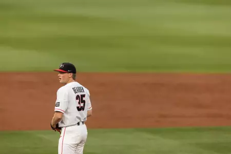 Georgia pitcher Hank Bearden (35) during a game against Clemson at Foley Field in Athens, Ga., on Tuesday, April 20, 2021. (Photo by Mackenzie Miles)