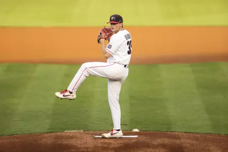 Georgia pitcher Hank Bearden (35) during a game against Georgia Tech at Foley Field in Athens, Ga., on Tuesday, April 27, 2021. (Photo by Tony Walsh)